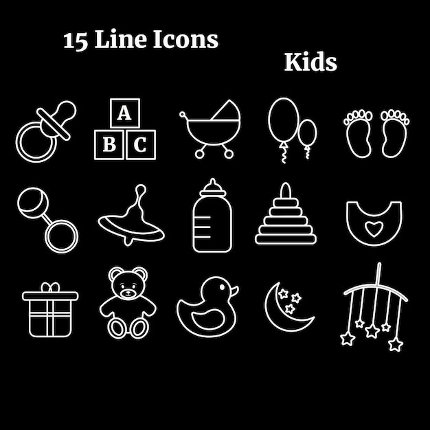 iconos lineales blancos para niños sobre un fondo negro