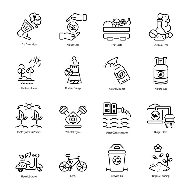 Iconos lineales de moda que representan el estilo de vida ecológico