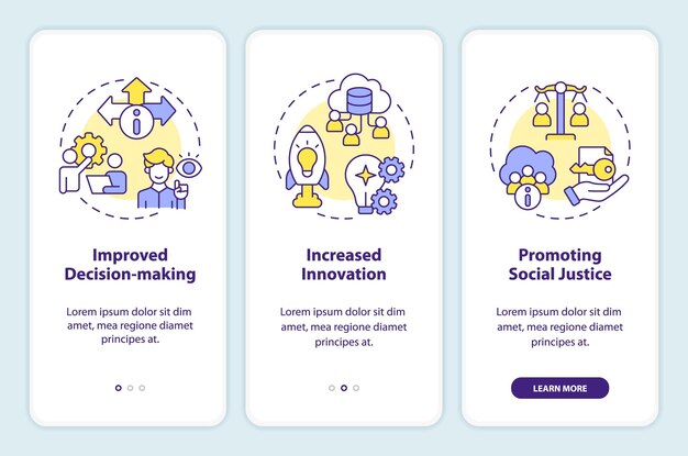 Íconos lineales multicolores en 2D que representan la democratización de datos Conjunto de pantallas de aplicaciones móviles Instrucciones gráficas de 3 pasos Plantilla UI UX GUI