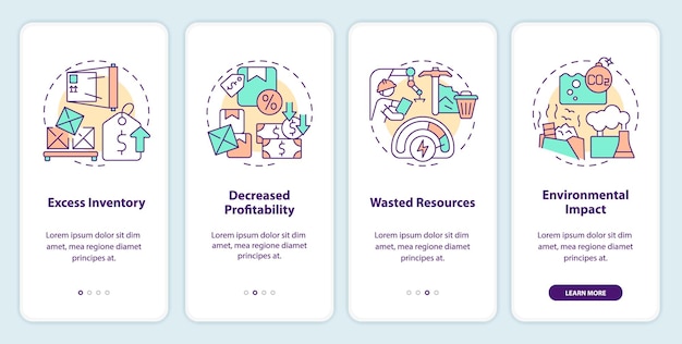 Íconos lineales multicolores 2D que representan la pantalla de la aplicación móvil de sobreproducción configuran instrucciones gráficas de 4 pasos Plantilla UI UX GUI