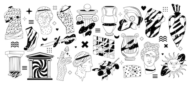 Iconos lineales negros ambientados en estilo surrealista griego Estatuas antiguas griegas espacio y objetos arquitectónicos Vector aislado clipart Partes del cuerpo femenino y masculino torso y cabeza mano y pie