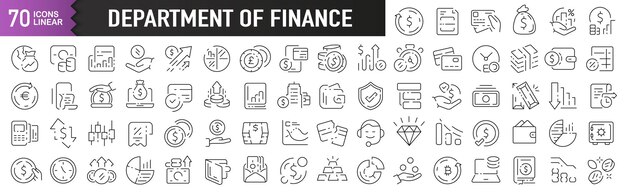Iconos lineales negros del Departamento de Finanzas Colección de 70 iconos en negro Gran conjunto de iconos lineales