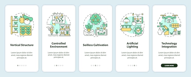 Iconos lineales que representan la agricultura vertical y la pantalla de la aplicación móvil hidropónica establecen instrucciones gráficas de 5 pasos Plantilla UI UX GUI