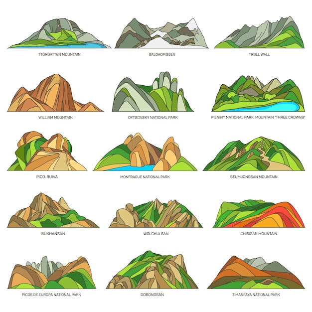 Iconos lineales del vector de paisajes naturales del mundo