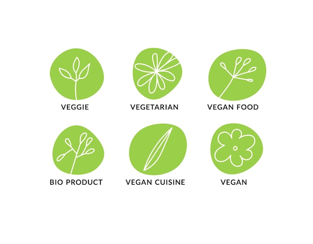 Iconos lineales vectoriales establecidos para la dieta de alimentos veganos Marcas para diferentes productos y platos