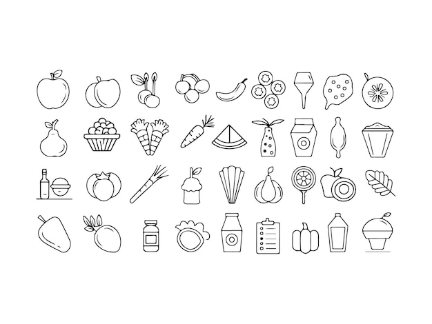 Iconos de líneas de alimentos y frutas