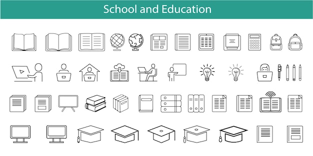 Iconos de líneas en blanco y negro que representan varios aspectos de la escuela y la educación