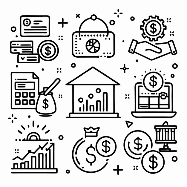 Iconos de líneas en blanco y negro con temas financieros e inversores