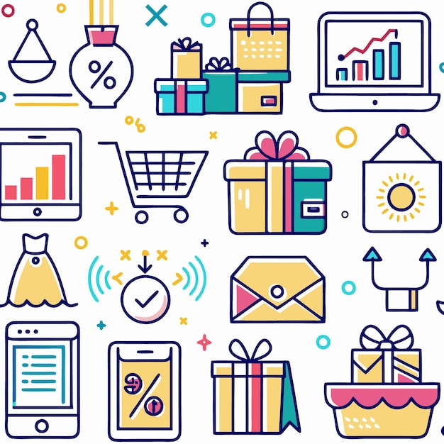 Iconos de líneas coloridas de compras en línea entrega de carrito de compras aplicaciones móviles regalos y finanzas