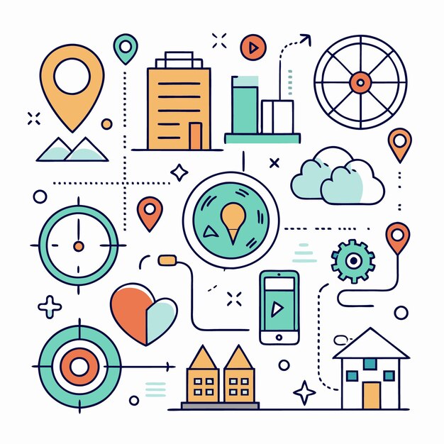 Iconos de líneas coloridas con edificios una ubicación de corazón alfileres reloj teléfono equipo y una rueda