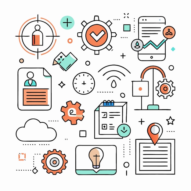 Iconos de líneas coloridas establecidos para tecnología y estrategia de negocios