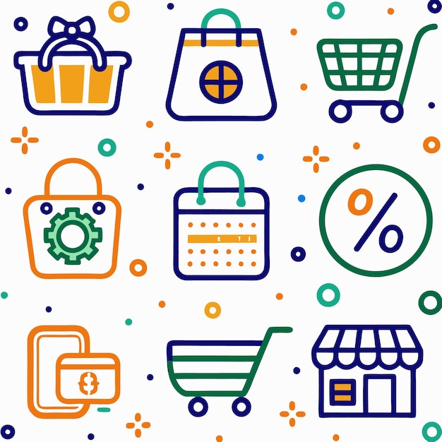 Iconos de líneas coloridas de pago y descuento de compras en línea