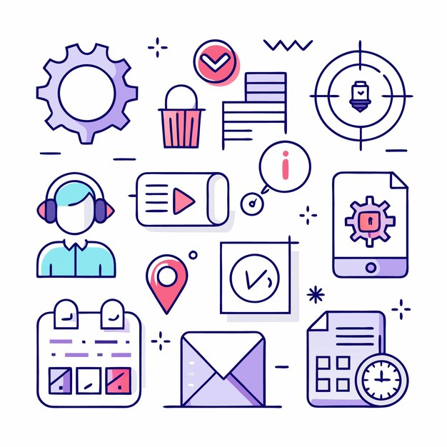 Iconos de líneas coloridas de varios conceptos comerciales y tecnológicos