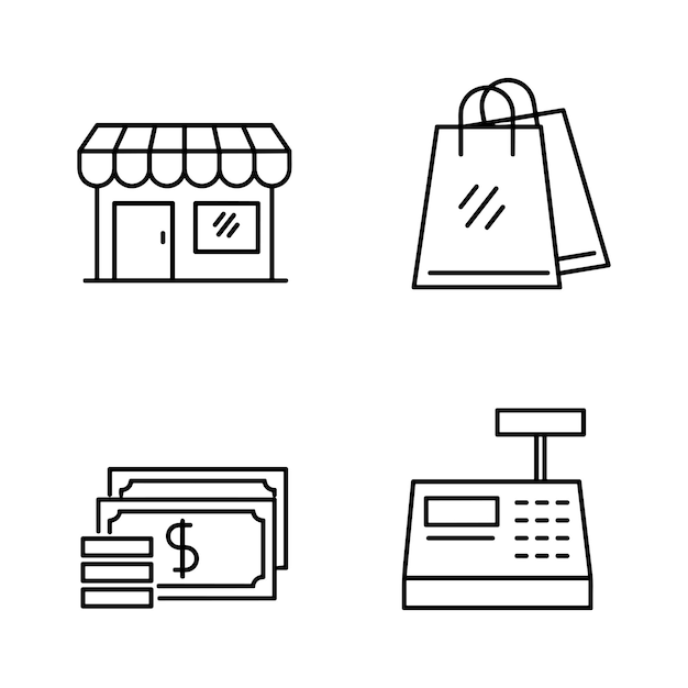 Iconos de líneas delgadas vectoriales de supermercados y centros comerciales