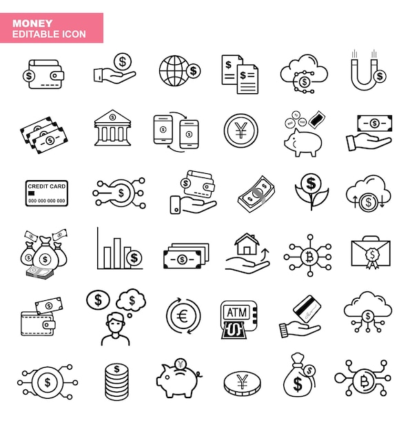 Iconos de líneas de dinero y finanzas Pack vectorial editable para aplicaciones web y móviles
