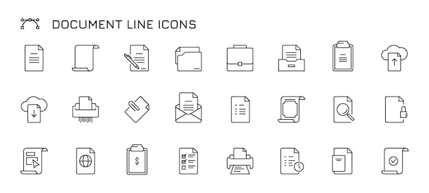 Vector iconos de líneas de documentos papel delgado y sobre con sello acuerdo legal y papel de contrato con firma y sello conjunto aislado vectorial