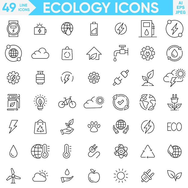 Iconos de líneas de energía y ecología conjunto Ilustración vectorial en estilo de línea delgada moderna de iconos relacionados con el medio ambiente
