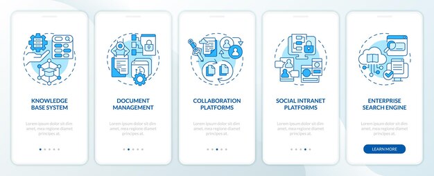 Iconos de líneas finas azules 2D que representan la pantalla de la aplicación móvil de gestión del conocimiento, conjunto de instrucciones gráficas de 5 pasos Plantilla UI UX GUI