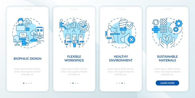 Iconos de líneas finas azules 2D que representan la pantalla de la aplicación móvil de oficina sostenible conjunto de instrucciones gráficas de 4 pasos Plantilla UI UX GUI