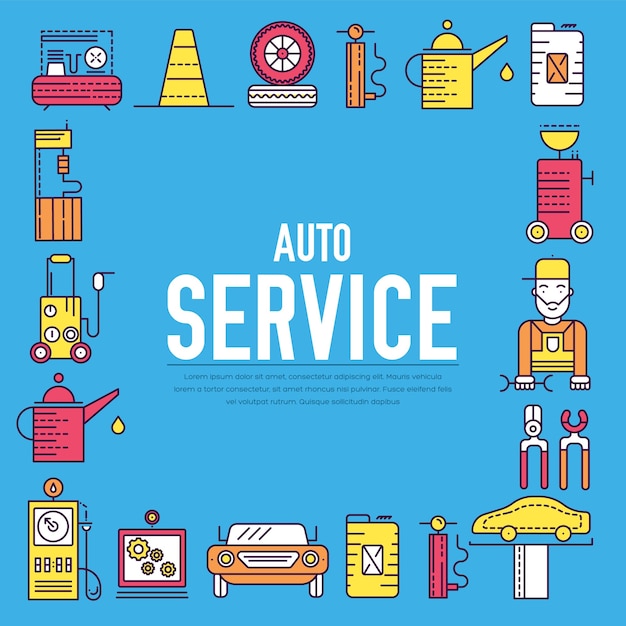 Iconos de líneas finas con fondo. Trabajador mecánico repara un coche en el garaje.
