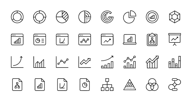 Iconos de líneas de gráficos y diagramas Trucado editable Contiene iconos como el gráfico de barras del tablero de control de grandes datos