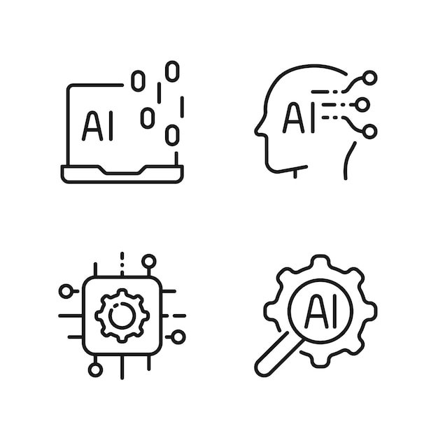Iconos de líneas de inteligencia artificial configurados con tecnología Chip Neural Network Machine Editable Stroke
