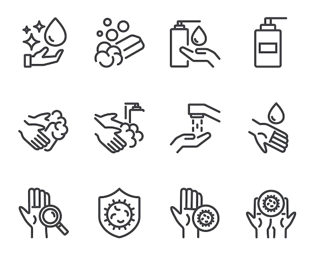 Iconos de líneas de lavado de manos Conjunto de símbolos de contorno elementos gráficos simples estilo lineal moderno negro