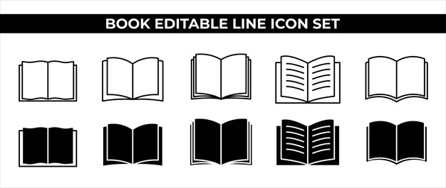 Iconos de líneas de libros editables en blanco y negro con varios diseños de iconos de libros abiertos vectoriales