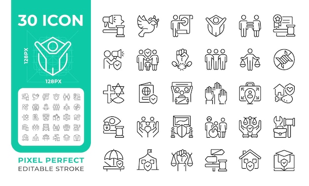 Iconos de líneas perfectas de píxeles de derechos humanos