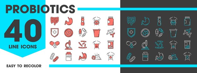 Iconos de líneas de probióticos y bacterias intestinales