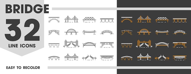 Iconos de líneas de puentes para el transporte de arquitectura