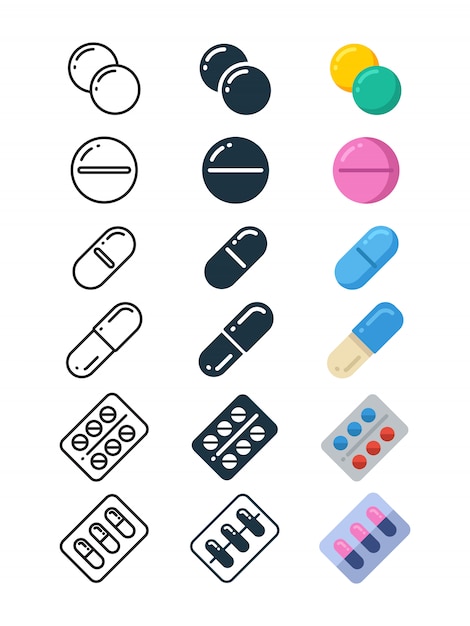 Iconos de líneas y siluetas de tabletas de drogas ilegales.