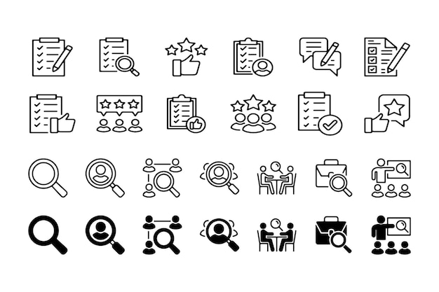 Iconos de listas de comprobación de búsqueda calificaciones y reseñas para negocios y evaluación
