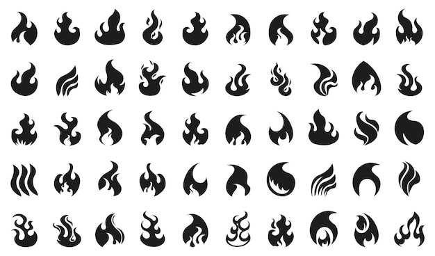 Iconos de llama de fuego Gran conjunto de diferentes llamas de fuego en negro