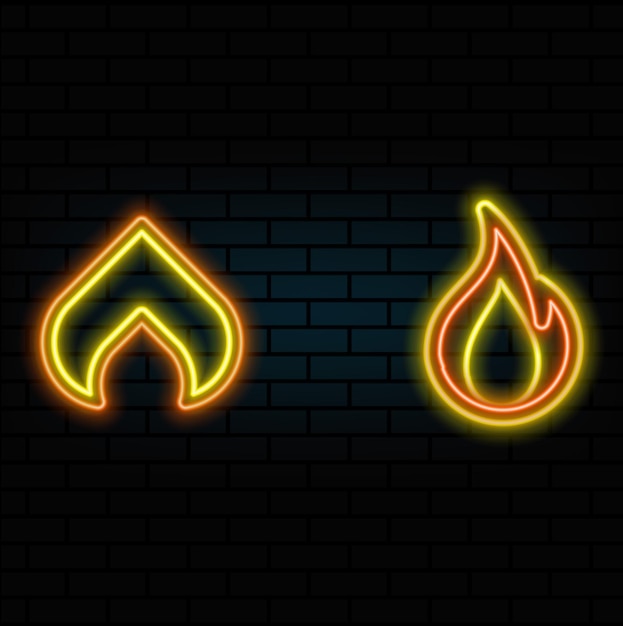 Los íconos de llama de neón prenden fuego el ícono de llama de estilo neón logotipo de fuego abstracto creativo