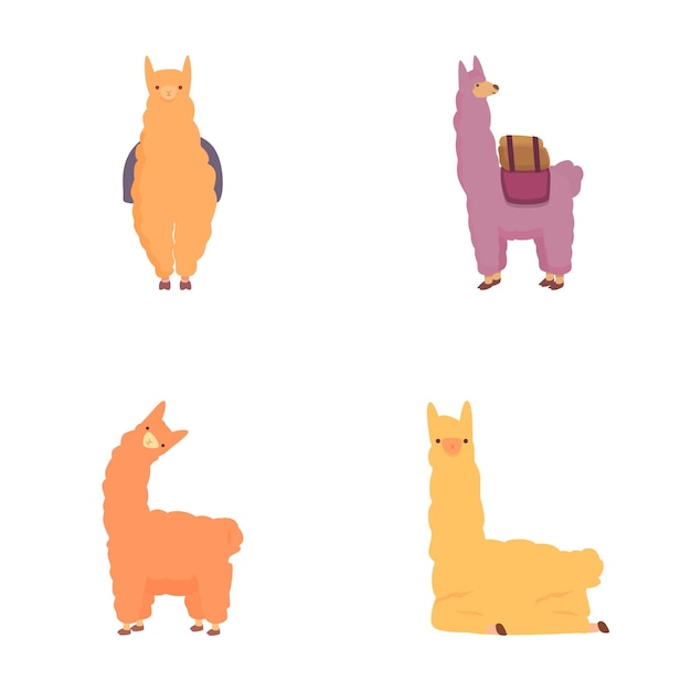 Iconos de llamas divertidos conjuntos de vectores de dibujos animados personajes de alpaca divertidos