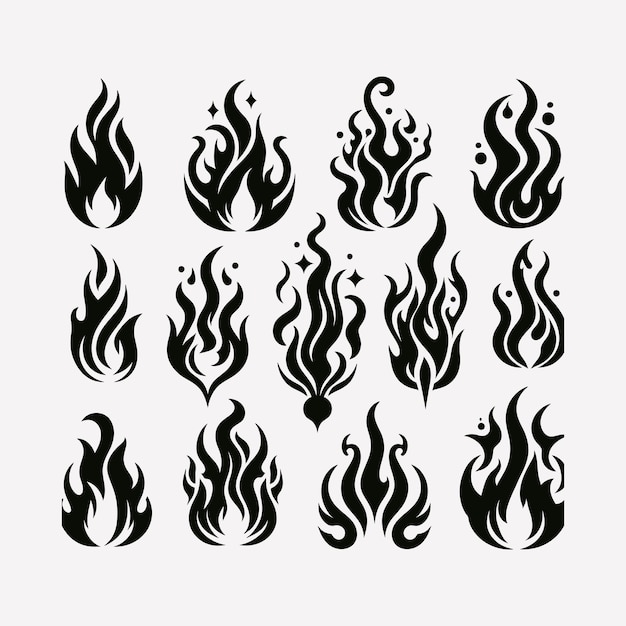 Iconos de llamas de fuego Conjunto vectorial de bocetos de doodle dibujados a mano en blanco y negro