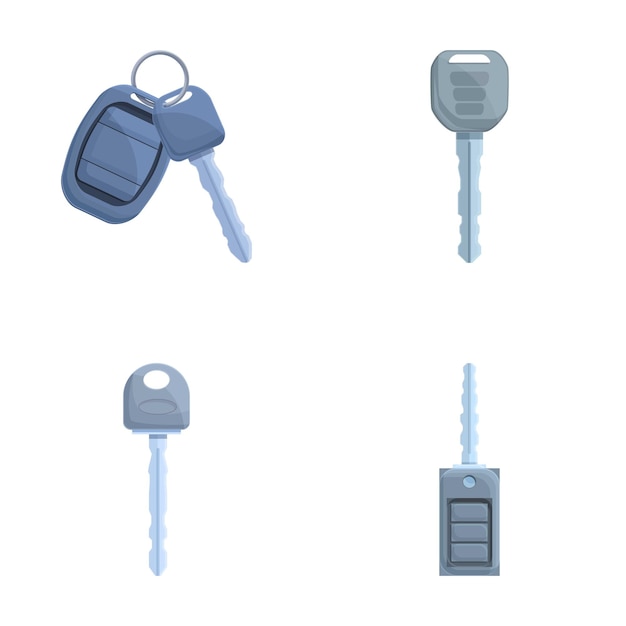 Iconos de llaves de automóviles conjunto vector de dibujos animados llave de automóviles eléctrica delantero y sistema de alarma