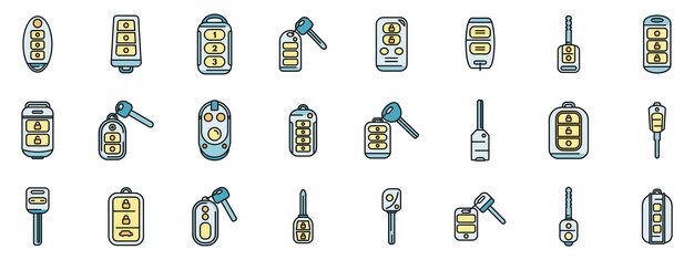 Los iconos de llaves de automóviles inteligentes establecen una línea de color vectorial