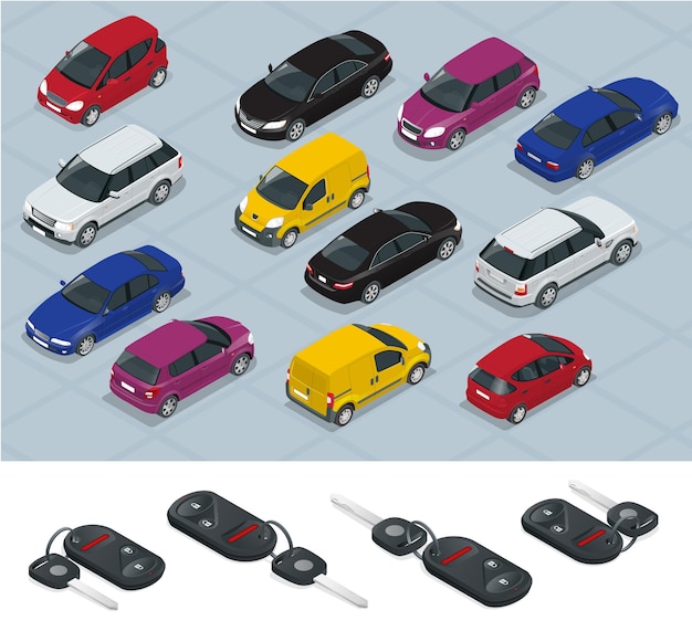 Iconos de llaves de coche y coche. Llaves del coche. Plano 3d isométrico vector conjunto de iconos de coche de transporte de ciudad de alta calidad. Coche, furgoneta, camión de carga, todoterreno. Conjunto de transporte. Conjunto de transporte público urbano y de mercancías.