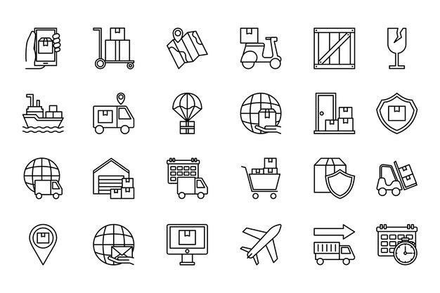 Iconos de logística y entrega Establezca el arte de la línea Elementos de envío y transporte