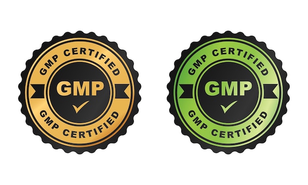 Iconos, logotipos o etiquetas certificados GMP, sello o sello de Buenas Prácticas de Fabricación Ilustración vectorial