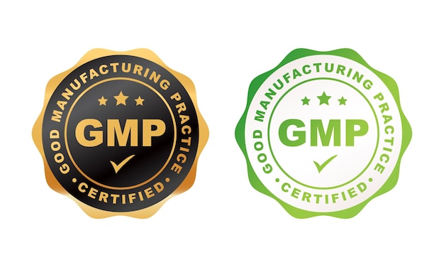 Iconos, logotipos o etiquetas certificados GMP, sello o sello de Buenas Prácticas de Fabricación Ilustración vectorial