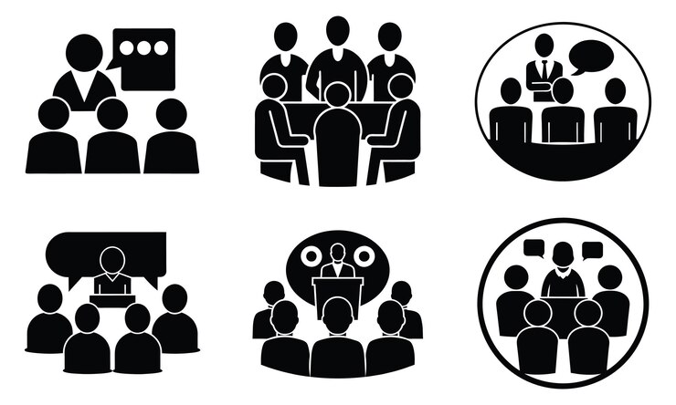 Iconos de logotipos de reuniones de negocios Ilustración vectorial de silueta negra