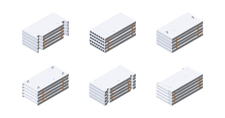 Vector iconos de losa de hormigón en vista isométrica. pilas de paneles de cemento. concepto de almacenamiento de materiales de construcción.