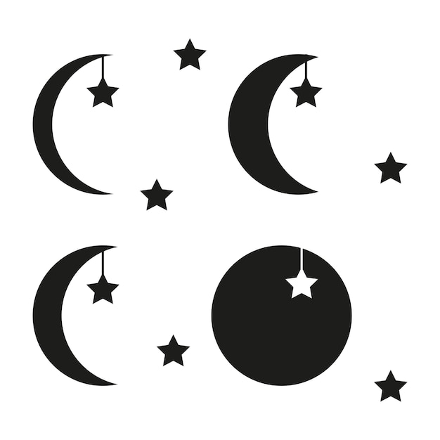 Iconos de la luna y las estrellas Luna media con estrella colgante Símbolo de la noche Silueta vectorial