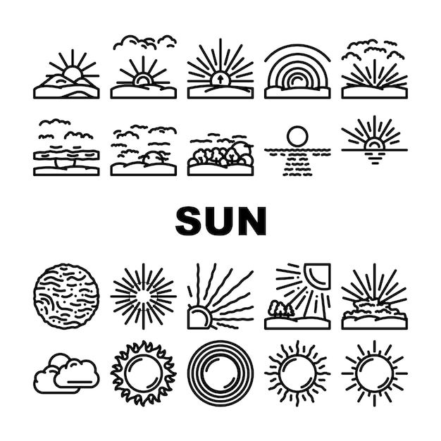 Iconos de luz de sol de verano sol conjunto vector sol elemento amanecer clima soleado calor caliente brillo cálido naturaleza sol verano luz de sol luz negro contorno ilustraciones
