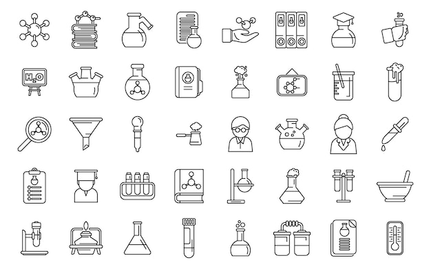 Los íconos de los maestros de química establecen el vector de esquema Mujer ciencia Chica laboratorio de carrera