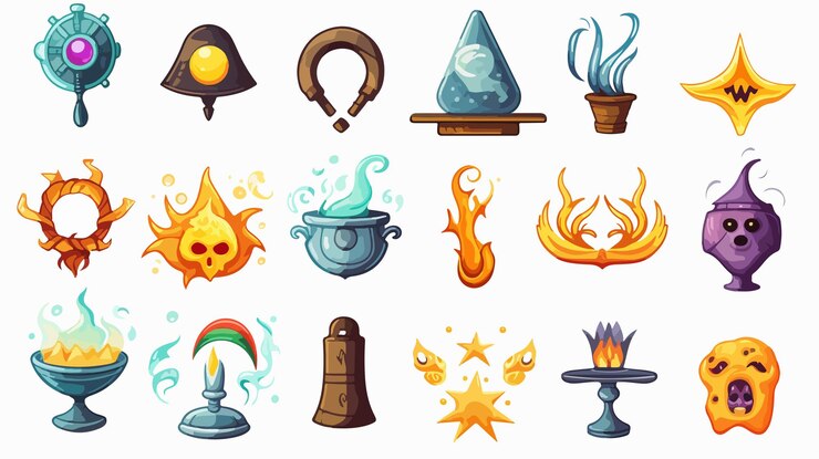 Vector iconos mágicos coloridos aislados en fondo blanco ilustración vectorial de dibujos animados