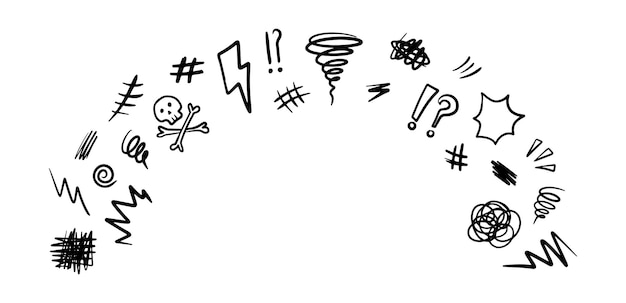Iconos maldecidos dibujados a mano en estilo de boceto de dibujos animados Elementos de garabateo simples para el diseño conceptual
